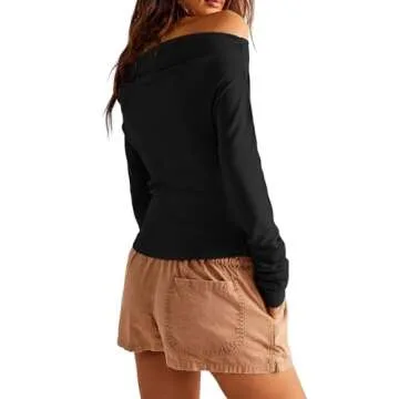 Tankaneo Women's Long Sleeve Shirts Off Shoulder Going Out Crop Tops Sexy Y2K T Shirts Black