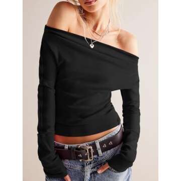 Tankaneo Women's Long Sleeve Shirts Off Shoulder Going Out Crop Tops Sexy Y2K T Shirts Black