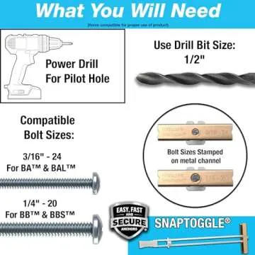 TOGGLER SNAPTOGGLE BB Toggle Anchor with Bolts, Zinc-Plated Steel Channel, Made in US, 3/8" to 3-5/8" Grip Range, For 1/4"-20 UNC Fastener Size (Pack of 10)