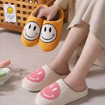 Beishani Smile Face Slippers for Women Happy face slippers Retro Soft Plush Warm Slip-on Slippers Cozy Indoor Outdoor Womens Slippers
