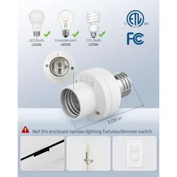 DEWENWILS Remote Control Light Bulb Socket, Wireless Light Switch for Pull Chain Light Fixture, E26 E27 Bulb Base, No Wiring, ETL Listed(1 Wall Mounted Switch+2 Socket)