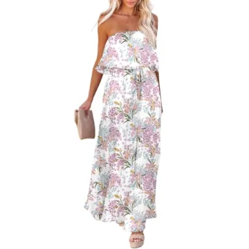 Dokotoo Women Strapless Dress High Waist Side Split Flowy Sexy Dresses Summer Boho Floral Print Maxi...