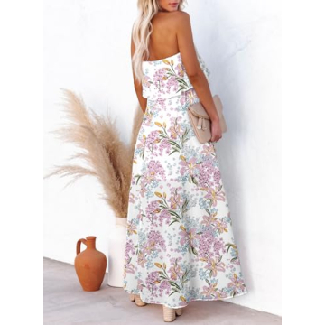 Dokotoo Women Strapless Dress High Waist Side Split Flowy Sexy Dresses Summer Boho Floral Print Maxi Dress Off The Shoulder Wedding Guest Dresses for Women