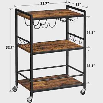 TUTOTAK Bar Cart, Serving Cart for Home, Microwave Cart, Drink Cart, Mobile Kitchen Shelf with Wine Rack and Glass Holder, Rolling Beverage Cart BC01BB030