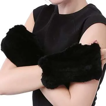 Valpeak Womens Rabbit Fur Winter Mittens Knitted Fingerless Gloves(Black)