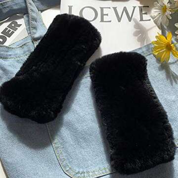 Valpeak Womens Rabbit Fur Winter Mittens Knitted Fingerless Gloves(Black)