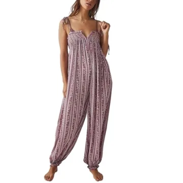 SOLILOQUY Women Summer Sleeveless Loose Jumpsuit Boho Floral Print Long Pants Romper Ethnic Beach Ha...