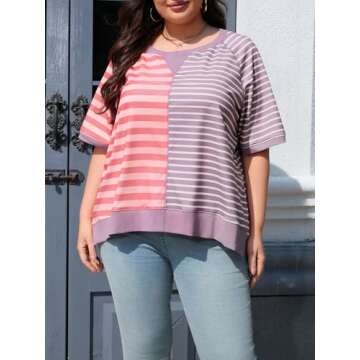 Beautife Womens Plus Size Color Block Sweatshirt Oversized Summer Casual Short Sleeve Striped Tunic ...