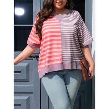 Beautife Womens Plus Size Color Block Sweatshirt Oversized Summer Casual Short Sleeve Striped Tunic Tops Loose Fit Shirts Pink