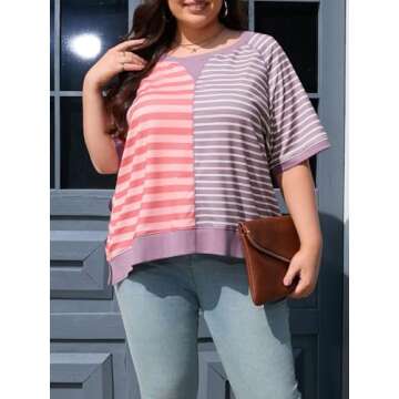 Beautife Womens Plus Size Color Block Sweatshirt Oversized Summer Casual Short Sleeve Striped Tunic Tops Loose Fit Shirts Pink