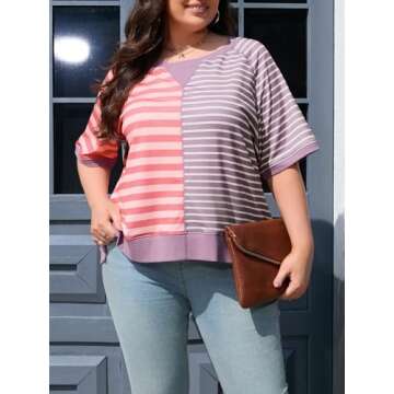 Beautife Womens Plus Size Color Block Sweatshirt Oversized Summer Casual Short Sleeve Striped Tunic Tops Loose Fit Shirts Pink