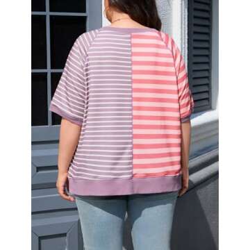 Beautife Womens Plus Size Color Block Sweatshirt Oversized Summer Casual Short Sleeve Striped Tunic Tops Loose Fit Shirts Pink