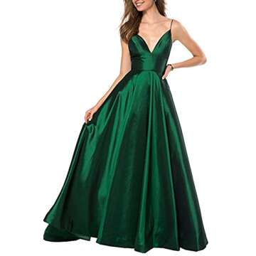 V Neck Prom Dresses 2025 Long Satin Bridesmaid Dress A-Line Spaghetti Strap Formal Evening Ball Gowns for Women Green