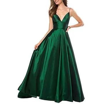 V Neck Prom Dresses 2025 Long Satin Bridesmaid Dress A-Line Spaghetti Strap Formal Evening Ball Gowns for Women Green