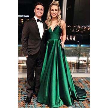 V Neck Prom Dresses 2025 Long Satin Bridesmaid Dress A-Line Spaghetti Strap Formal Evening Ball Gowns for Women Green