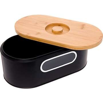 2-in-1 Modern Bread Box with Bamboo Cutting Board Lid - Space Saving Bread Bin by Mindful Design (Bl...