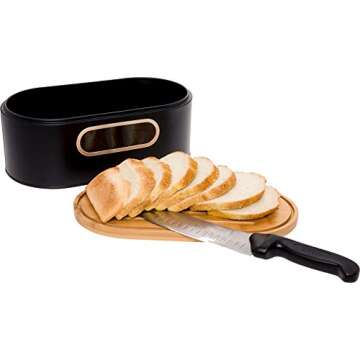 2-in-1 Modern Bread Box with Bamboo Cutting Board Lid - Space Saving Bread Bin by Mindful Design (Black)