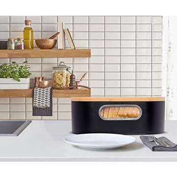2-in-1 Modern Bread Box with Bamboo Cutting Board Lid - Space Saving Bread Bin by Mindful Design (Black)