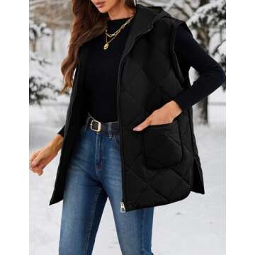 LEANI Women's Quilted Puffer Vest Sleeveless Oversized Hooded Jackets Zip Up Lightweight Puffy Outerwear with Pockets, Black, XL