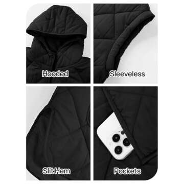 LEANI Women's Quilted Puffer Vest Sleeveless Oversized Hooded Jackets Zip Up Lightweight Puffy Outerwear with Pockets, Black, XL