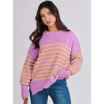 ANRABESS Womens Oversized Sweaters Fall 2024 Fashion Crewneck Batwing Long Sleeve Side Slit Knit Pullover Sweater Tops Purple-XL