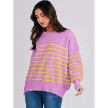 ANRABESS Womens Oversized Sweaters Fall 2024 Fashion Crewneck Batwing Long Sleeve Side Slit Knit Pullover Sweater Tops Purple-XL