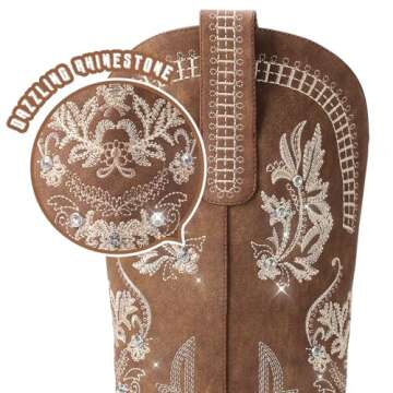 Lumeheel Brown Cowboy Boots for Women - Sparkly Rhinestone Country Booties with Classic Embroidered, Knee High Wide Calf Western Cowgirl Boots, Pointed Toe Chunky Heel Pull on Zipper Tall Boots US 8