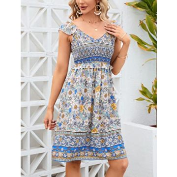 KOJOOIN Women's Summer Floral V Neck Flutter Sleeve Bohemian Smocked Casual Swing Mini Dress Apricot L