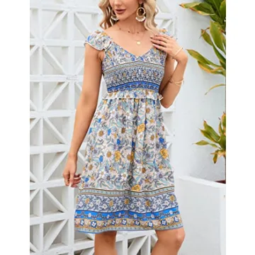 KOJOOIN Women's Summer Floral V Neck Flutter Sleeve Bohemian Smocked Casual Swing Mini Dress Apricot L