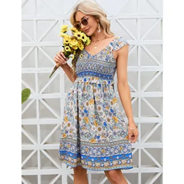 KOJOOIN Women's Summer Floral V Neck Flutter Sleeve Bohemian Smocked Casual Swing Mini Dress Apricot L