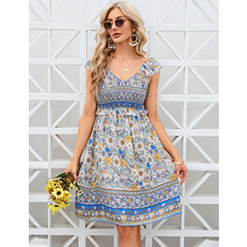 KOJOOIN Women's Summer Floral V Neck Flutter Sleeve Bohemian Smocked Casual Swing Mini Dress Apricot L