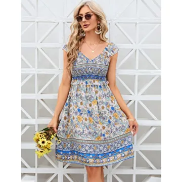 KOJOOIN Women's Summer Floral V Neck Flutter Sleeve Bohemian Smocked Casual Swing Mini Dress Apricot L