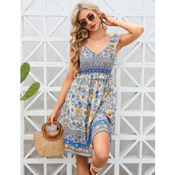 KOJOOIN Women's Summer Floral V Neck Flutter Sleeve Bohemian Smocked Casual Swing Mini Dress Apricot L