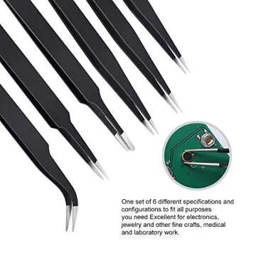 6PCS Precision Tweezers Set, Upgraded Anti-Static Stainless Steel Curved of Tweezers, for Electronics, Laboratory Work, Jewelry-Making, Craft, Soldering, etc, by kaverme.