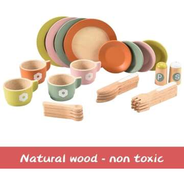 Giant bean 27PCS Wooden Toy Plates and Dishes for Kitchen Set, Wooden Play Kitchen Accessories for G...