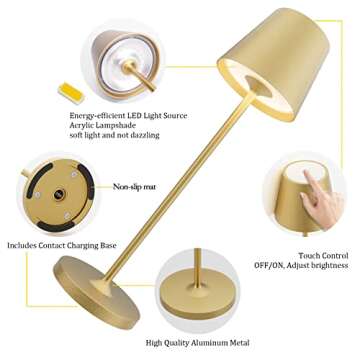Ralbay IP54 Aluminum Cordless Rechargeable Table Lamp LED Modern Battery Operated 4800mAh Waterproof Portable Stepless Dimmable Desk Lamp for Restaurant/Bedroom/Camping/Outdoor (Gold)
