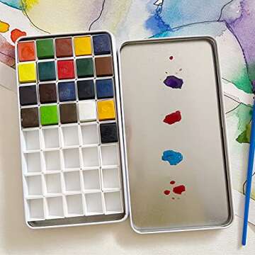 FCLUB Watercolor Palette, Empty Paint Pallet Metal Paint Tin with 40Pcs Half Pans and Magnetic Strip, Paint Holder with Mixing Area, Painting Tray Palette