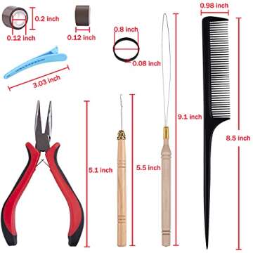 Duufin Hair Extensions Kit 500 Pcs Brown Micro Ring Beads 1 Micro Beads Plier 2 Hook Needle Pulling Loop 4 Plastic Alligator Hair Clips 1 Comb and 2 Bags Black Mini Rubber Hair Elastic