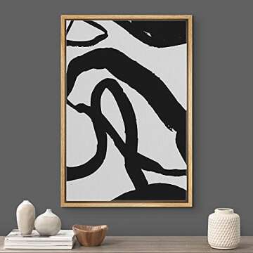 Zenobia Framed Canvas Print Wall Art Swirling Paint Stroke Lines Abstract Shapes Illustrations Minimalism Chic Fun Cool Black and White for Living Room, Bedroom, Office - 16"x24" NATURAL