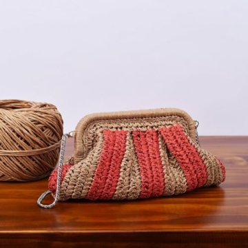 Straw Clutch Purse Shoulder Crossbody Bag for Women, Cloud Pouch Summer Beach Tote Handbag for Holiday, Travel, Wedding Parties, Orange-Khaki