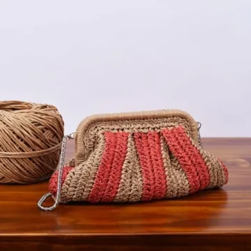 Straw Clutch Purse Shoulder Crossbody Bag for Women, Cloud Pouch Summer Beach Tote Handbag for Holiday, Travel, Wedding Parties, Orange-Khaki