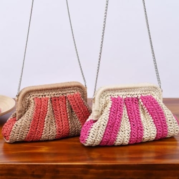 Straw Clutch Purse Shoulder Crossbody Bag for Women, Cloud Pouch Summer Beach Tote Handbag for Holiday, Travel, Wedding Parties, Orange-Khaki