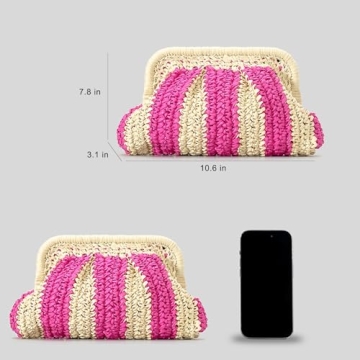 Straw Clutch Purse Shoulder Crossbody Bag for Women, Cloud Pouch Summer Beach Tote Handbag for Holiday, Travel, Wedding Parties, Orange-Khaki