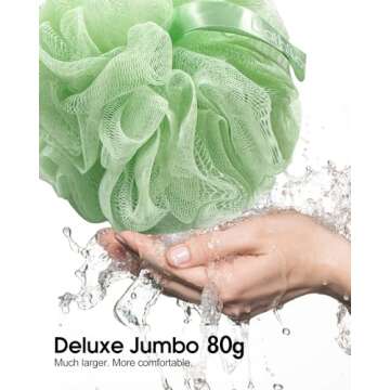Bathflor 6-in-1 Shower Loofah Sponge Exfoliating Body Scrubber for Bath Wash, 4 Extra Large 80g Soft Mesh Loofa Pouf, 1 Long Handle luffa on a Stick, 1 Hook, Body Scrub for Women & Men (4Color)