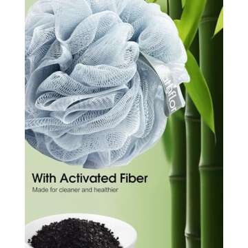 Bathflor 6-in-1 Shower Loofah Sponge Exfoliating Body Scrubber for Bath Wash, 4 Extra Large 80g Soft Mesh Loofa Pouf, 1 Long Handle luffa on a Stick, 1 Hook, Body Scrub for Women & Men (4Color)