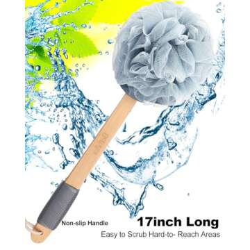 Bathflor 6-in-1 Shower Loofah Sponge Exfoliating Body Scrubber for Bath Wash, 4 Extra Large 80g Soft Mesh Loofa Pouf, 1 Long Handle luffa on a Stick, 1 Hook, Body Scrub for Women & Men (4Color)