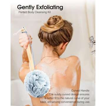 Bathflor 6-in-1 Shower Loofah Sponge Exfoliating Body Scrubber for Bath Wash, 4 Extra Large 80g Soft Mesh Loofa Pouf, 1 Long Handle luffa on a Stick, 1 Hook, Body Scrub for Women & Men (4Color)