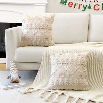 OTOSTAR Set of 2 Xmas Soft Plush Short Wool Velvet Decorative Throw Pillow Covers Square Luxury Style Cushion Case Pillow Shell for Sofa Bedroom Christmas Tree and Elk Cream Beige, 18x18 Inch