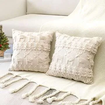 OTOSTAR Set of 2 Xmas Soft Plush Short Wool Velvet Decorative Throw Pillow Covers Square Luxury Style Cushion Case Pillow Shell for Sofa Bedroom Christmas Tree and Elk Cream Beige, 18x18 Inch