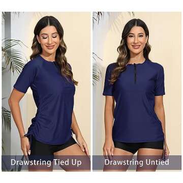 Halcurt Women's Half Zip Short Sleeve Rash Guard Swimsuit Top Ruched Swim Shirt UPF50+ Quick Dry Bathing Suit Navy L
